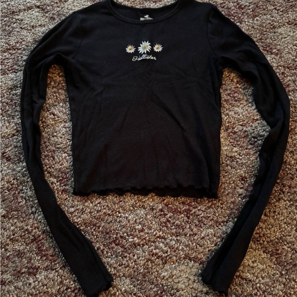 Hollister Black Long Sleeve Top with Daisy Embroidery